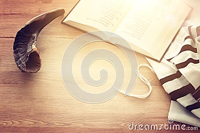 Prayer Shawl - Tallit, Prayer book and Shofar horn jewish religious symbols. Rosh hashanah jewish New Year holiday, Shabbat an Stock Photo