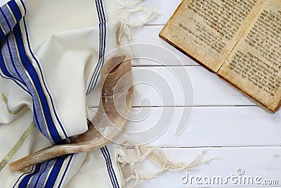 Prayer Shawl - Tallit and Shofar (horn) jewish religious symbol. Stock Photo