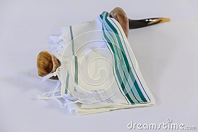 Prayer Shawl - Tallit and Shofar jewish religious symbol Stock Photo