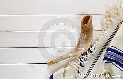 Prayer Shawl - Tallit and Shofar (horn) jewish religious symbol. Stock Photo