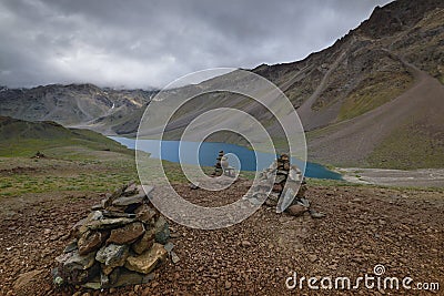 Prayer Stones near chandrataal lake in Spiti Valley Stock Photo