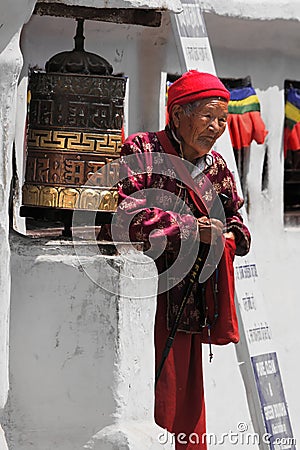 Prayer Wheel and Lady at Bodnath Editorial Stock Photo