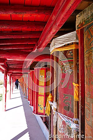 Prayer wheel in Tibetan Buddhist monastery Arou Da Temple in Qinghai China Editorial Stock Photo