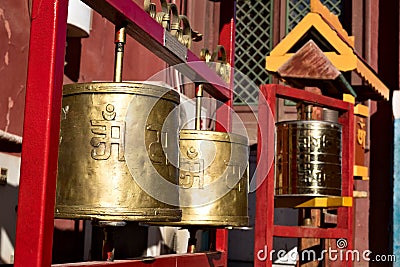 Prayer wheels at the Gandantegchinlen Monastery in Ulaanbaatar Stock Photo