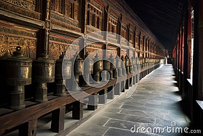 prayer wheels spinning in a row at a temple Stock Photo