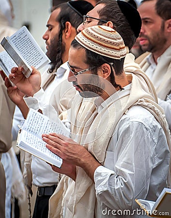 Prayer. A young pilgrim hasid in a traditional headdress. Rosh Hashanah holiday, Jewish New Year. Editorial Stock Photo