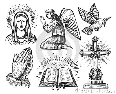 Faith in God, set. Praying angel, Hands in prayer, Christian cross, Bible book, Flying dove, Holy Maria Stock Photo