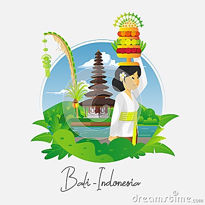 Praying balinese woman with temple background Vector Illustration