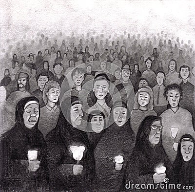 Praying by candle light in Lourdes, France Cartoon Illustration