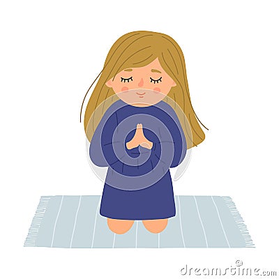 Little girl with closed eyes sincerely prays Vector Illustration