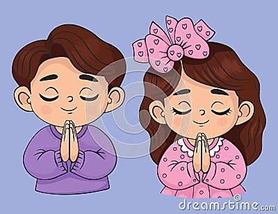 Praying children set. Cute girl and boy with folded hands in prayer. Vector illustration. Isolated color drawings Vector Illustration