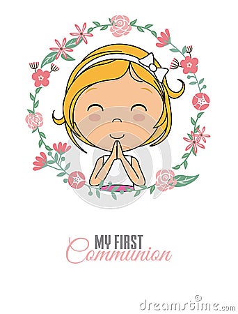 Praying girl inside a flower frame Vector Illustration