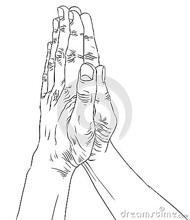 Praying hands, detailed black and white lines vector illustration, hand drawn. Vector Illustration