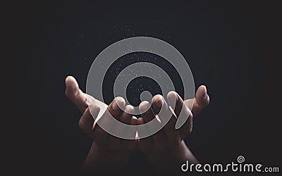 Praying hands with faith in religion and belief in God on blessing background. Power of hope or love and devotion Stock Photo