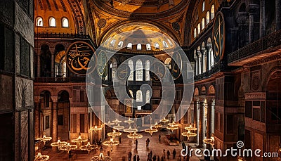 Praying inside illuminated ancient basilica at night generated by AI Stock Photo