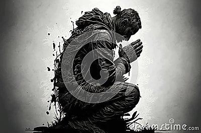 Praying man hoping for better. Asking God for good luck, success, forgiveness. Power of religion, belief, worship Cartoon Illustration