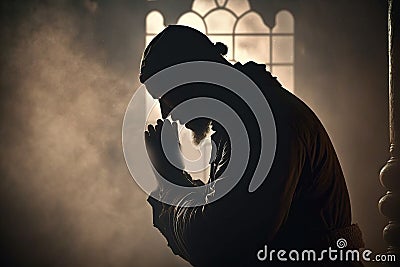 Praying man hoping for better. Asking God for good luck, success, forgiveness. Power of religion, belief, worship Cartoon Illustration