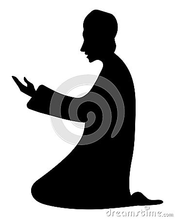 Praying man. Silhouette. A man in a Muslim long shirt and cap is kneeling and raising his palms up Vector Illustration