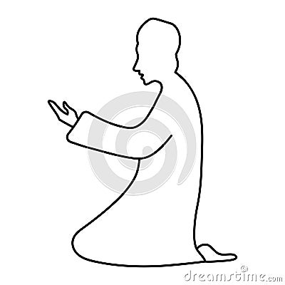 Praying man. Sketch. A man in a Muslim long shirt and skullcap is kneeling and raising his palms up Vector Illustration