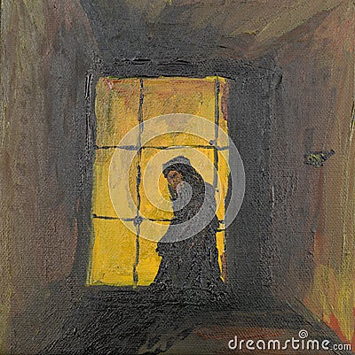 Praying monk, oil painting Stock Photo