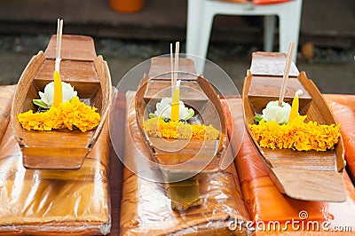 Praying oblation in boat wood Stock Photo