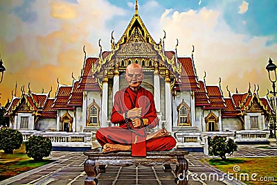 Praying in Wat Benchamabophit Vector Illustration