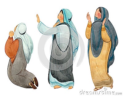 Praying women, myrrh-bearing wives, isolated on white background figures of Christians. Stock Photo