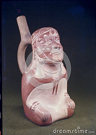 Pre-Columbian ceramic called Huaco pottery from unidentified ancient Peruvian culture. Pre-Inca ceramic piece ma Editorial Stock Photo