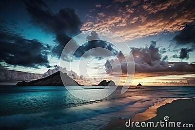 Pre-dawn view of the Moku islands at Lanikai Beach, Oahu, Hawaii stock photo Beach, Cloud - Sky, Coastline, Color Image, Dawn, AI Stock Photo