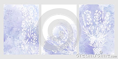Pre-made design with with lavender flowers, very-peri watercolor splash and place for text. Vector layout decorative greeting card Stock Photo