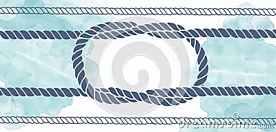 Pre-made design on a marine theme with nautical knots, ropes, watercolor fragments and place for text. Vector layout decorative Cartoon Illustration