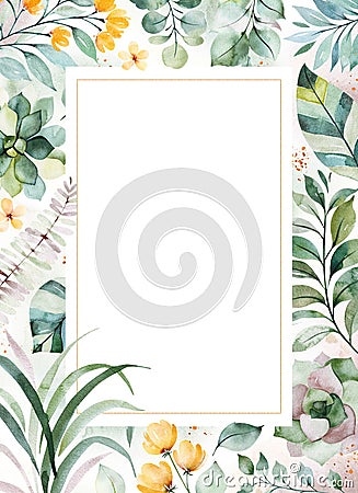 Pre-made Greeting card with succulent plants,palm leaves,flowers,branches Cartoon Illustration