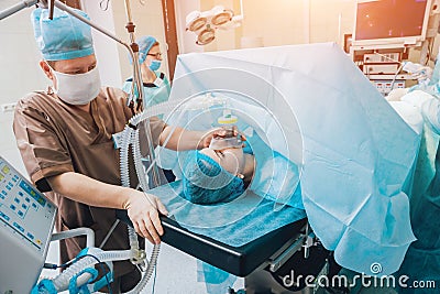Pre oxygenation for general anesthesia. Surgery equipment. Stock Photo