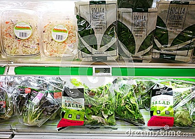 Pre packed salad vegetables in Super market Editorial Stock Photo