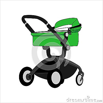 Preambulator, Pram, Baby Buggy, Go-cart, Baby Carriage, Pusher, Carriage, Stroller, Pushchair For Boy or Girl. Modern flat Vector Vector Illustration