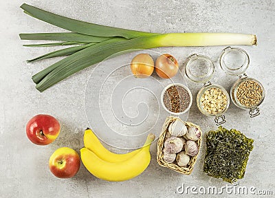 Prebiotic foods are types of dietary fiber that feed the friendly bacteria in your gut Stock Photo