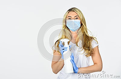 Precautions for coronavirus. covid-19 pandemic quarantine. disinfector or antiseptic. care your health. woman in Stock Photo