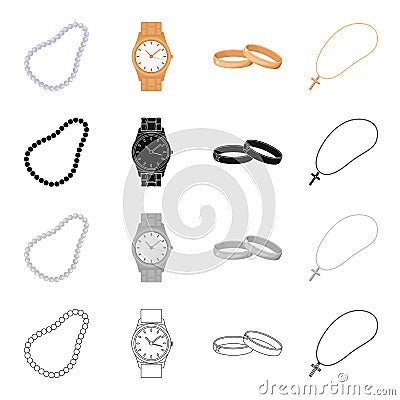 Precious beads, accessory wristwatches, engagement rings, cross and chain. Jewelery and Accessories set collection icons Vector Illustration
