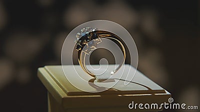 Precious diamond rings. Fine luxury diamond jewellery window display with ring pedant. Gold ring with brilliant isolated Stock Photo