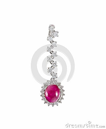 Precious earring with a pink gemstone under the lights isolated on a white background Stock Photo