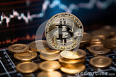 Precious metal bitcoin coin set against a fluctuating exchange chart Stock Photo