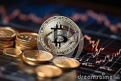 Precious metal bitcoin coin set against a fluctuating exchange chart Stock Photo
