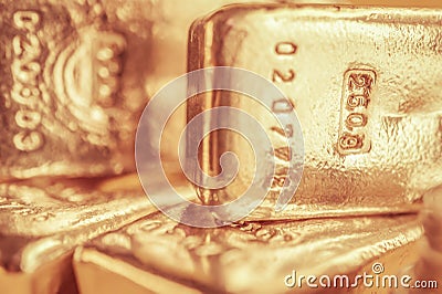 Precious shiny gold bars. Background for finance banking concept. Trade precious metals. Bullions. Stock Photo