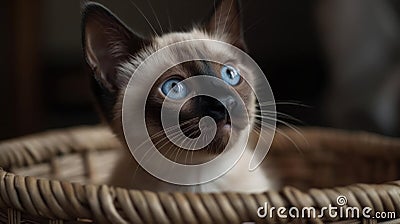 A Siamese kitten sitting in a basket looking cute and curious created with Generative AI Stock Photo
