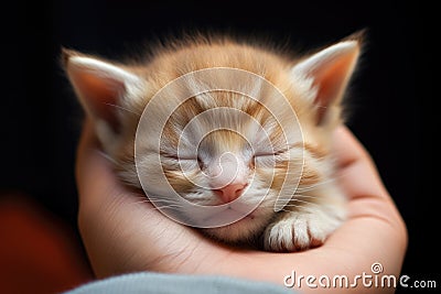 A precious small kitten curled up and peacefully napping in the gentle grip of a persons hand, The kitten sleeps in my palm, AI Stock Photo