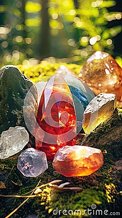 Precious stones in the forest in the rays of the sun Stock Photo