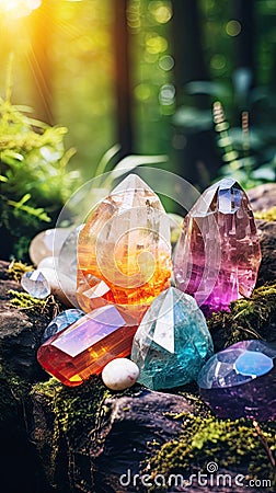 Precious stones in the forest in the rays of the sun Stock Photo