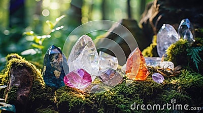 Precious stones in the forest in the rays of the sun Stock Photo