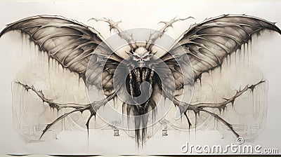 Precise And Detailed Architecture-inspired Drawing Of A Winged Demon Cartoon Illustration