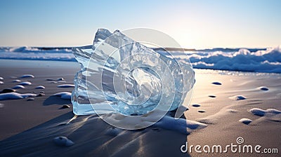 Precise Hyperrealism: Large White Icecube On Beach With Sun And Waves Stock Photo